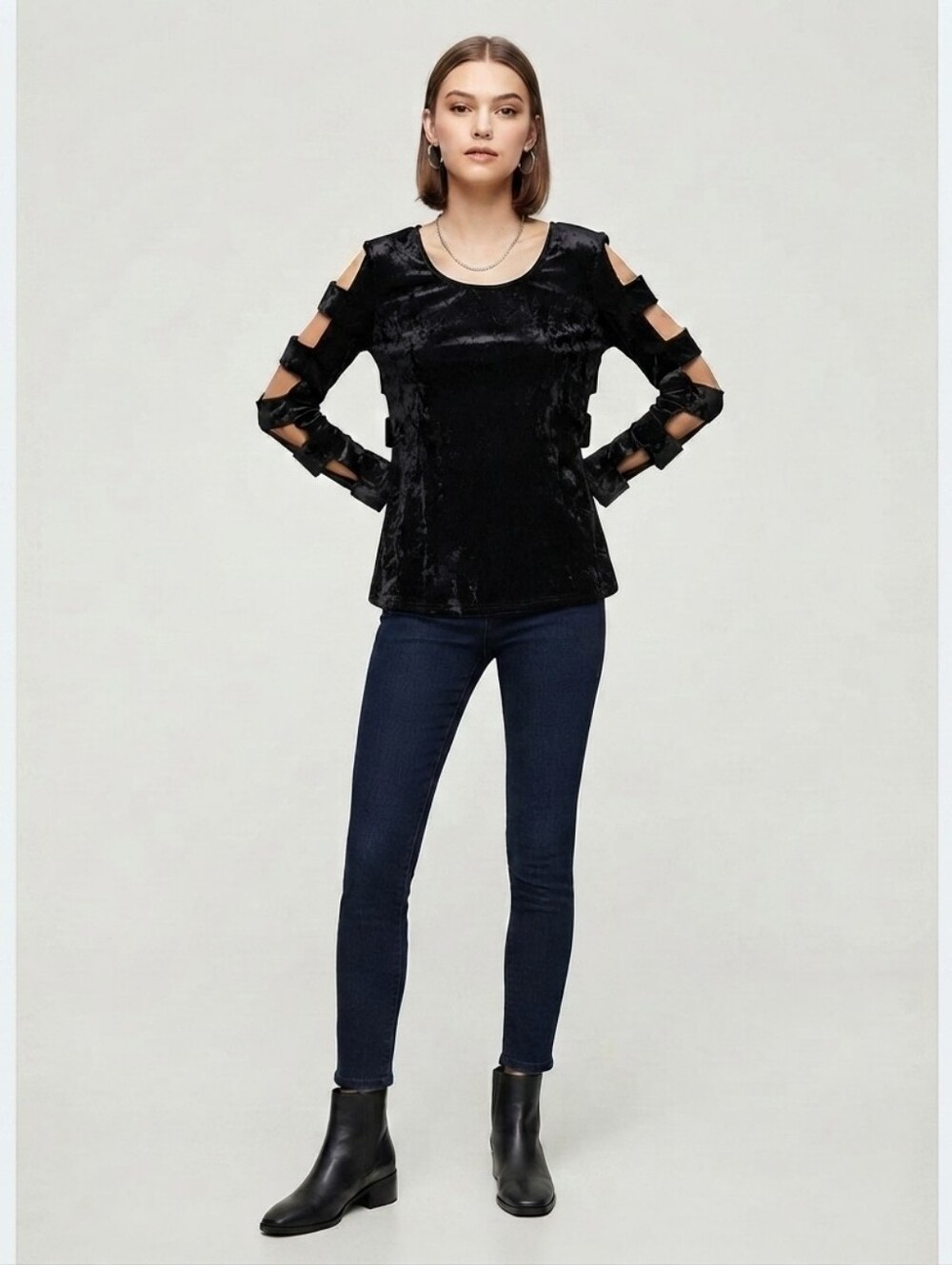 NWOT Black Crushed velvet top with cutout sleeves Size M